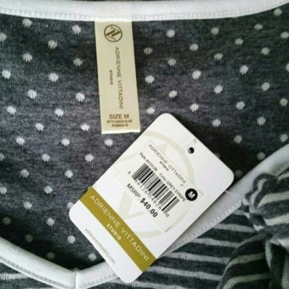 Adrienne Vittadini V-neck Striped Knit Top With Polka Dot Cuffs Gray Size Medium - Picture 4 of 5